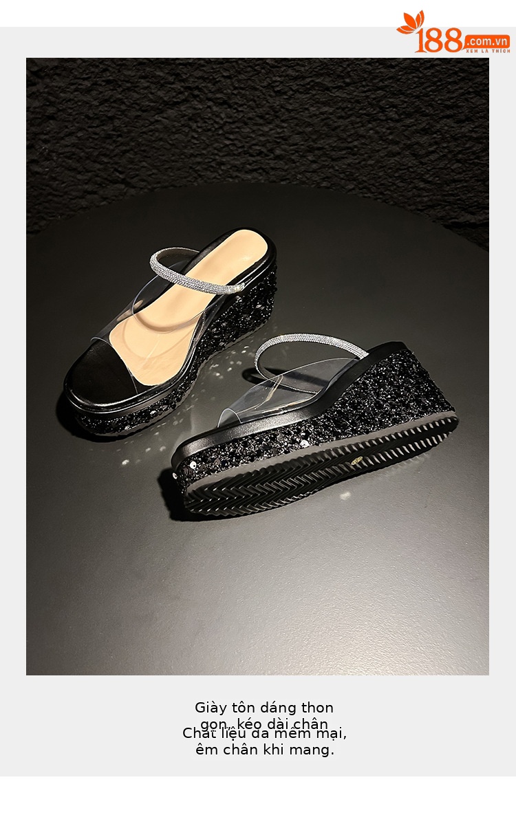 Sandal cao gót nữ hở mũi đế xuồng gót 10 cm phối sequin lấp lánh — màu đen, bạc chi tiết 3