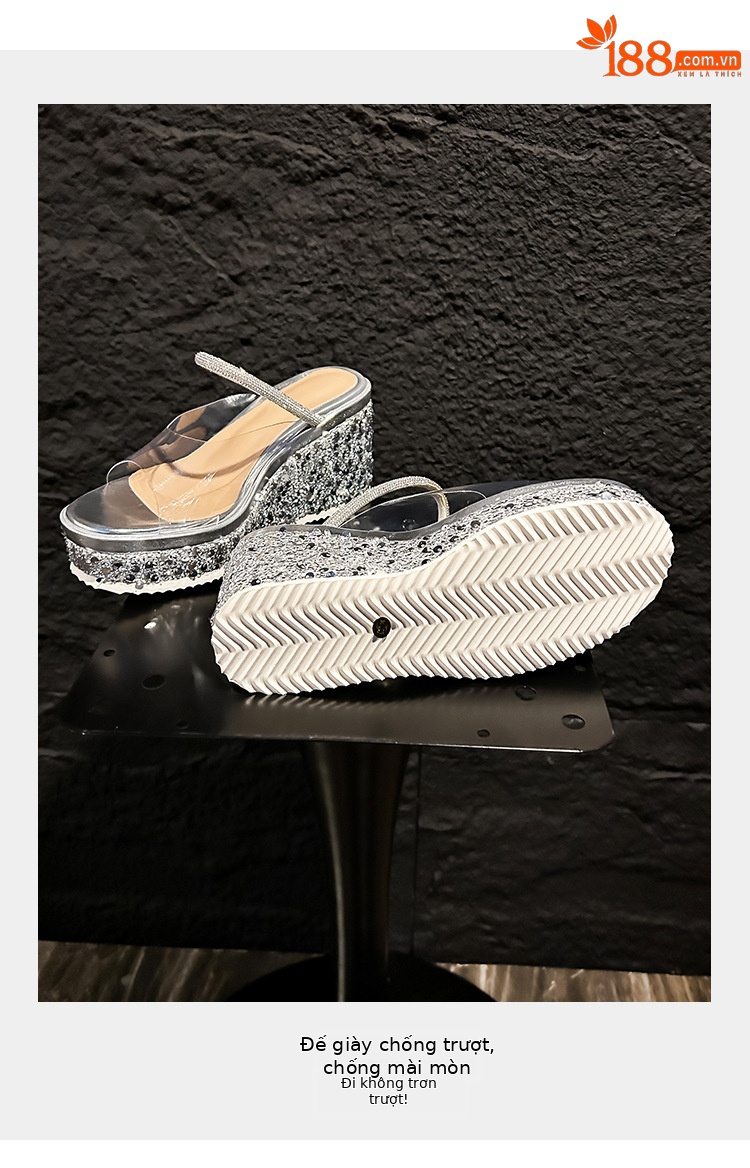 Sandal cao gót nữ hở mũi đế xuồng gót 10 cm phối sequin lấp lánh — màu đen, bạc chi tiết 5