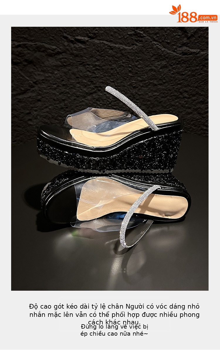 Sandal cao gót nữ hở mũi đế xuồng gót 10 cm phối sequin lấp lánh — màu đen, bạc chi tiết 6