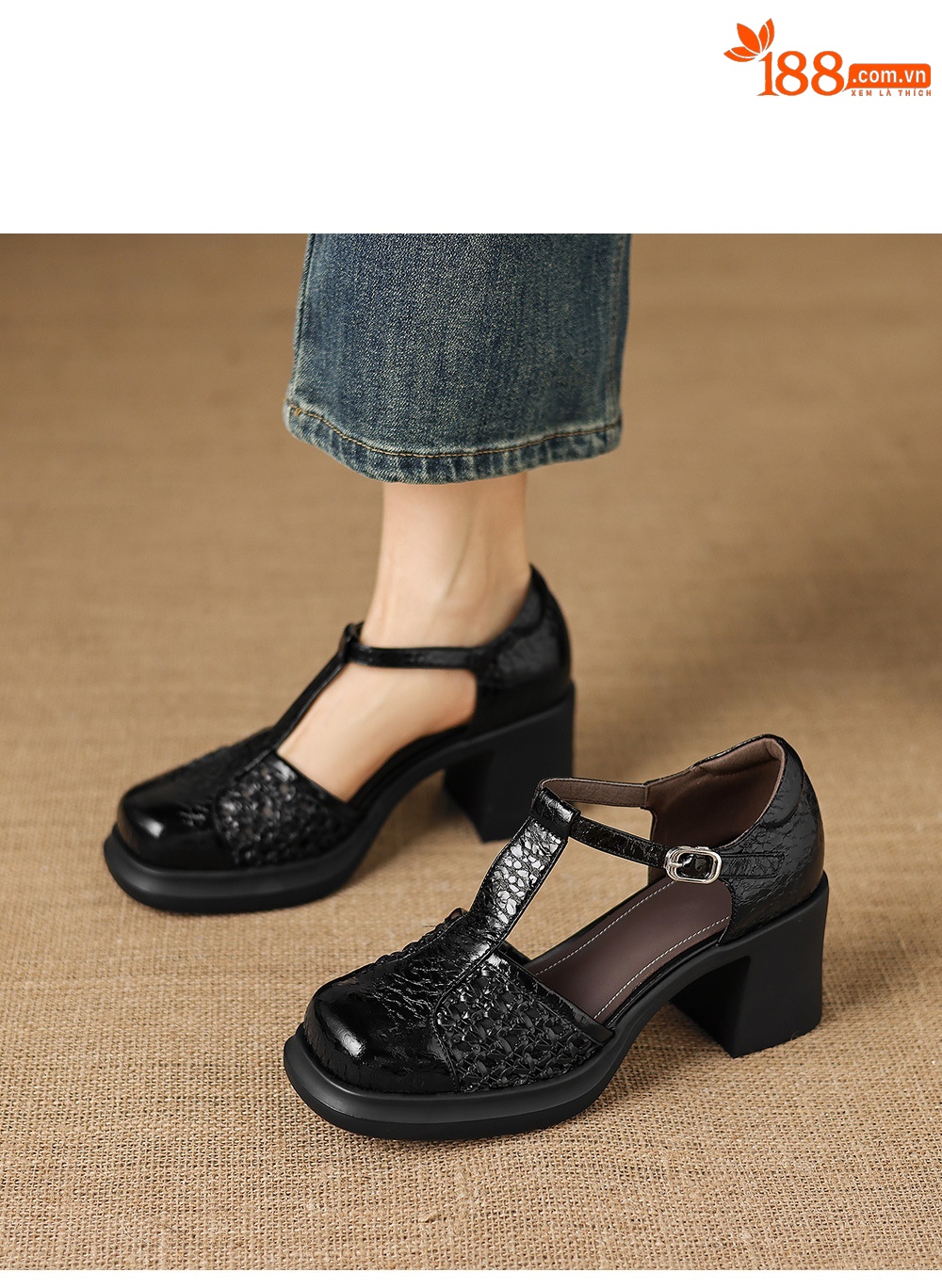 Sandal cao gót nữ quai ngang phong cách vintage, gót 8.5 cm, đế dày, mũi kín — đen chi tiết 9