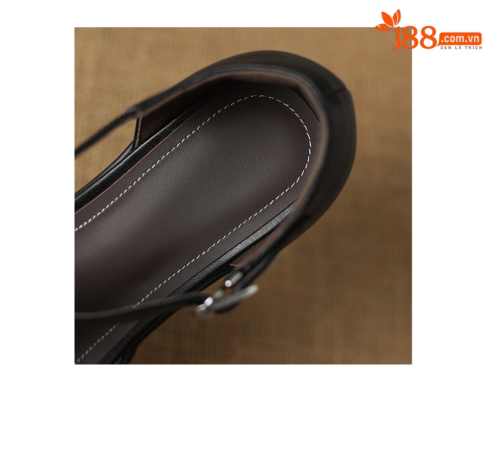 Sandal cao gót nữ quai ngang phong cách vintage, gót 8.5 cm, đế dày, mũi kín — đen chi tiết 24