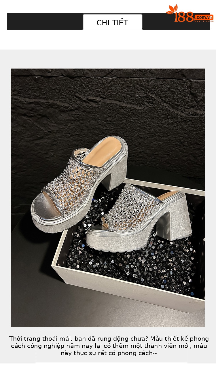 Sandal cao gót nữ hở mũi đế xuồng gót 10 cm quai ngang bện — màu đen, bạc chi tiết 2