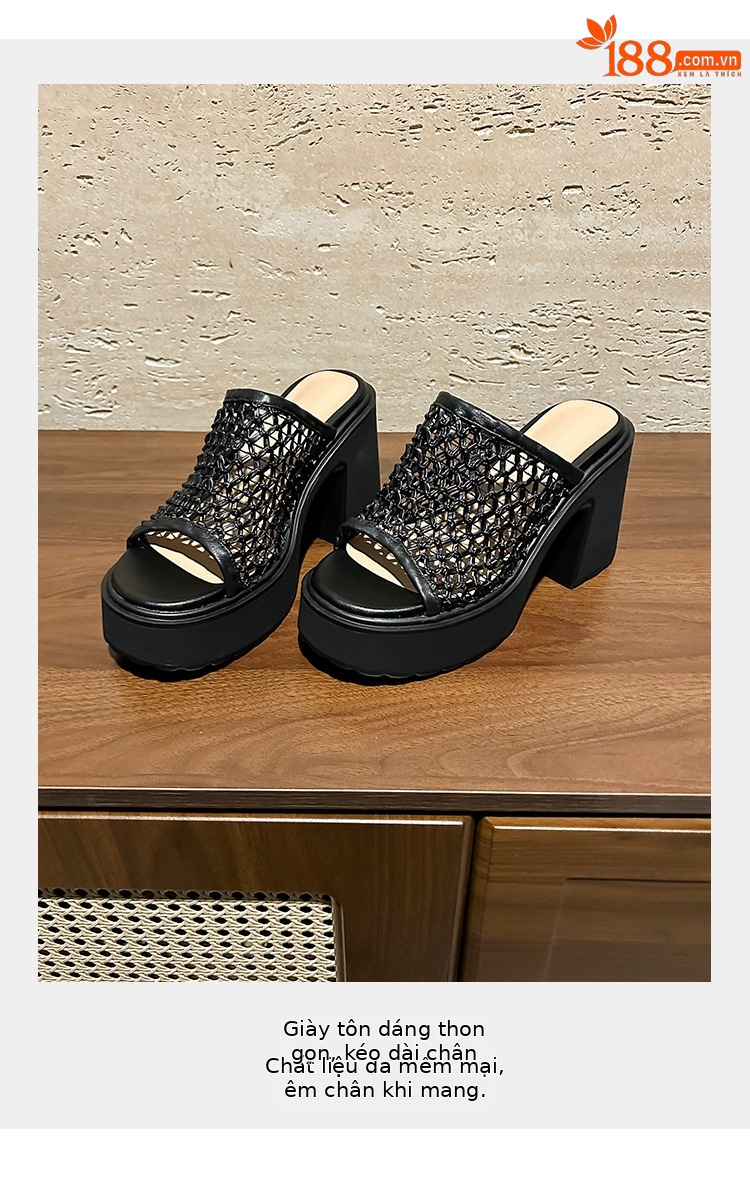 Sandal cao gót nữ hở mũi đế xuồng gót 10 cm quai ngang bện — màu đen, bạc chi tiết 3