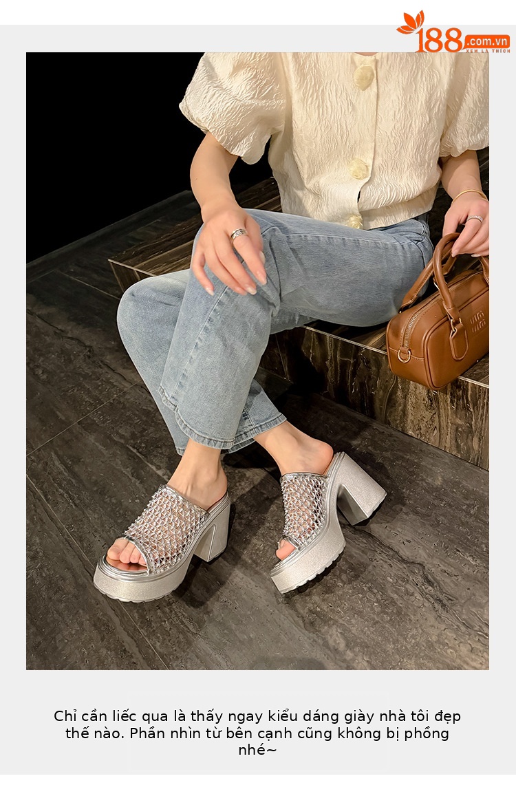 Sandal cao gót nữ hở mũi đế xuồng gót 10 cm quai ngang bện — màu đen, bạc chi tiết 4