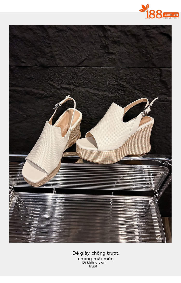 Sandal nữ hở mũi đế xuồng cao 10 cm quai hậu phong cách La Mã — màu nâu, màu trắng ngà chi tiết 5