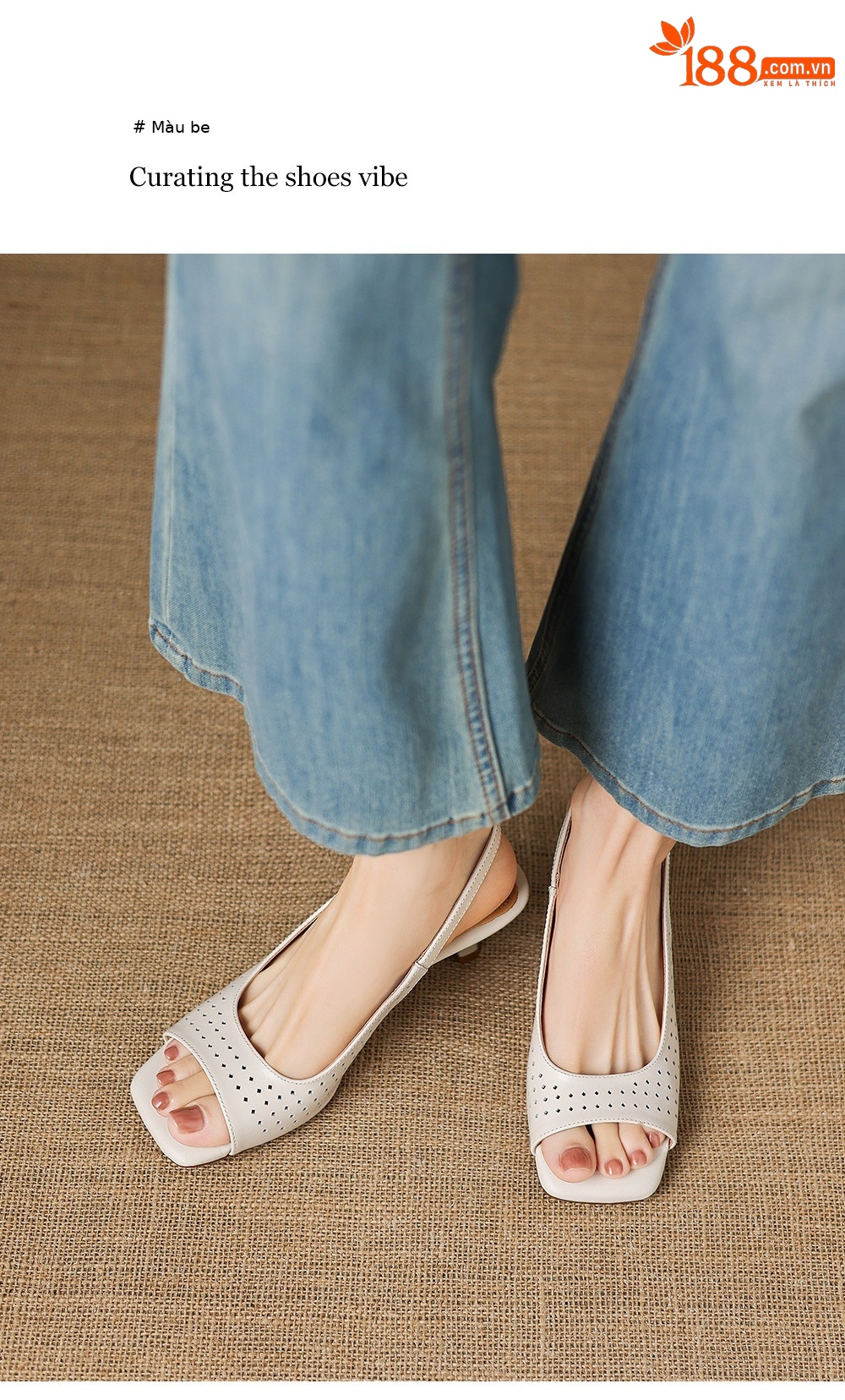 Sandal nữ đầu vuông hở ngón chân da bò thô gót thô cao — màu trắng ngà chi tiết 12