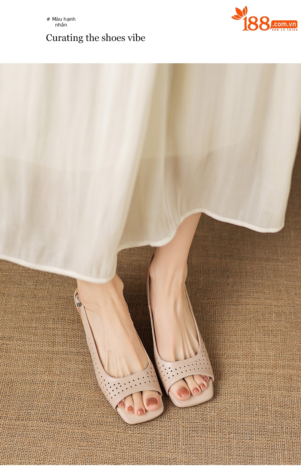 Sandal nữ đầu vuông hở ngón chân da bò thô gót thô cao — màu trắng ngà chi tiết 19