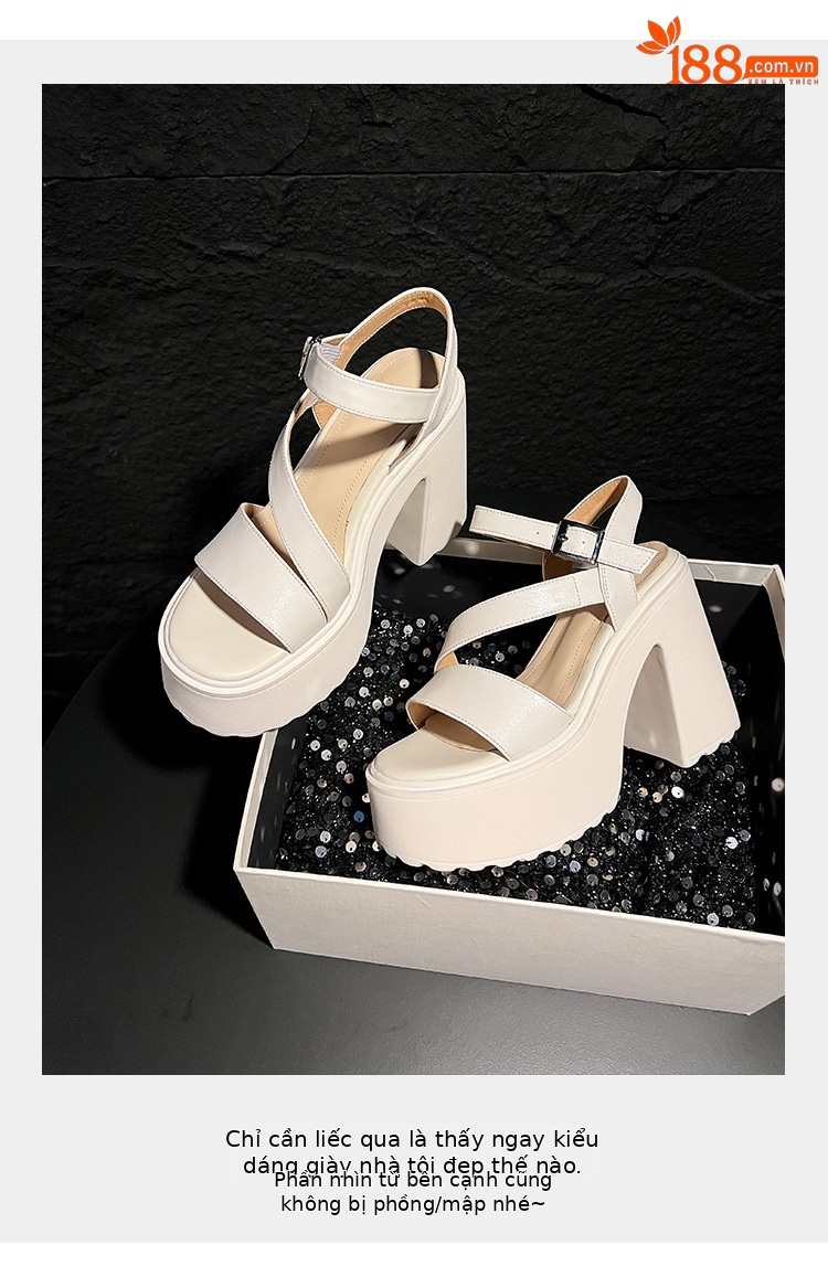 Sandal cao gót nữ hở mũi đế xuồng gót vuông 9 cm — màu đen, màu trắng ngà chi tiết 4