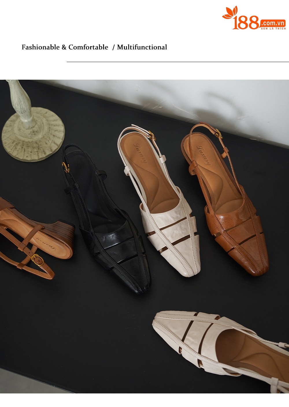Sandal nữ da cừu gót thô quai ngang phong cách La Mã hở gót — đen chi tiết 12