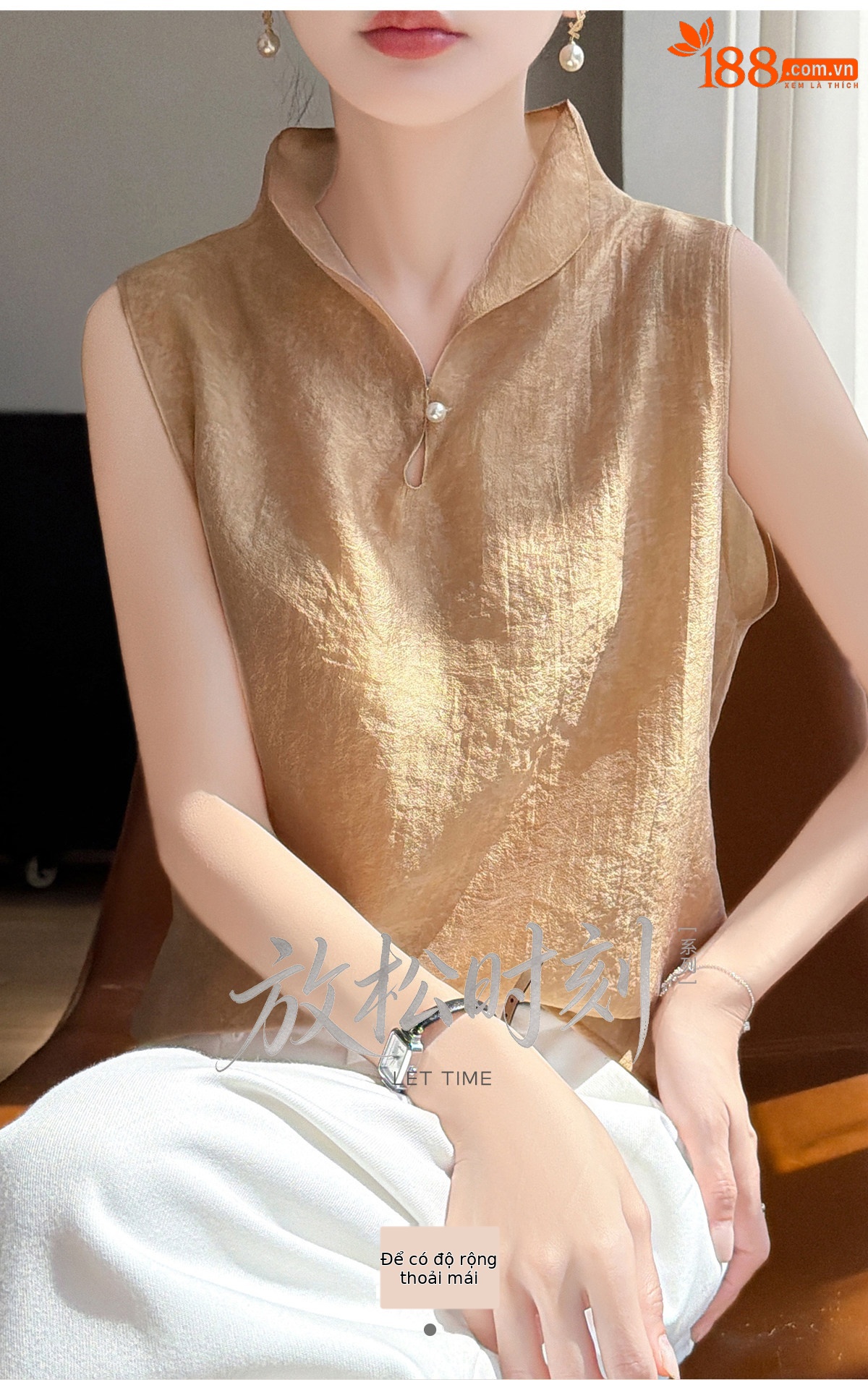 Áo sơ mi không tay cổ lật nữ chất tơ tằm phong cách quốc gia — Champagne màu chi tiết 1