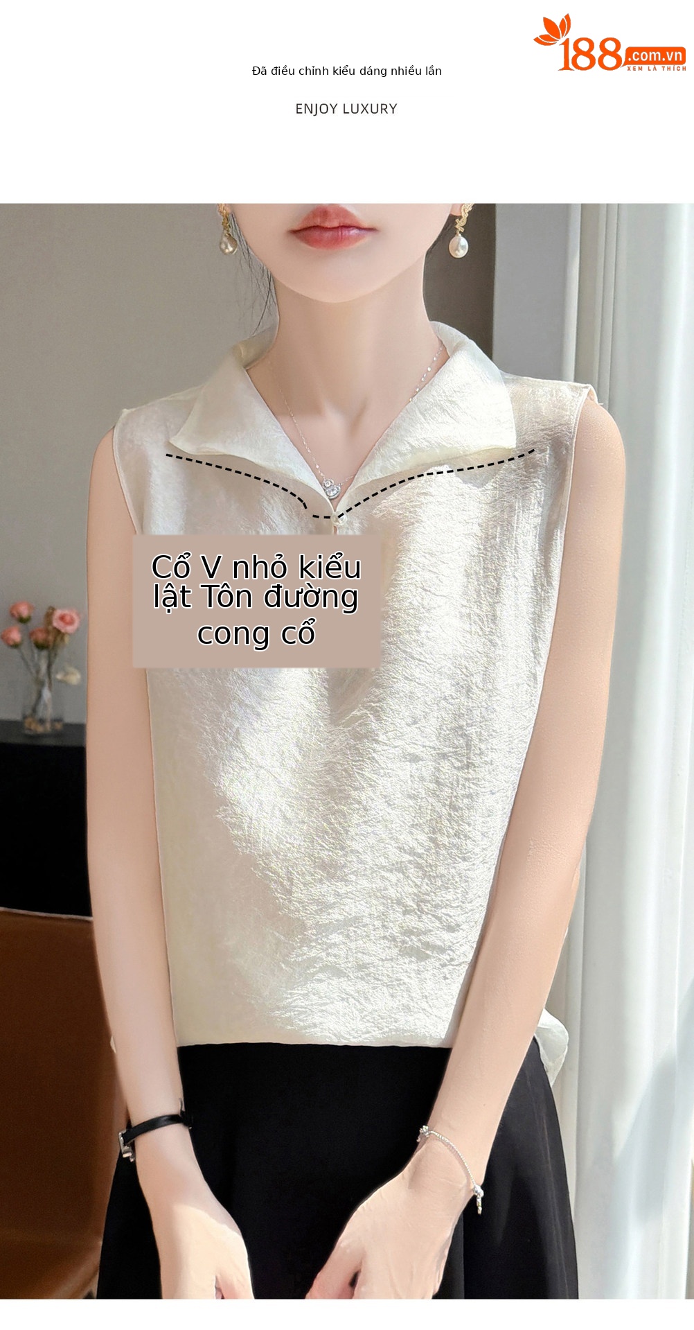 Áo sơ mi không tay cổ lật nữ chất tơ tằm phong cách quốc gia — Champagne màu chi tiết 5