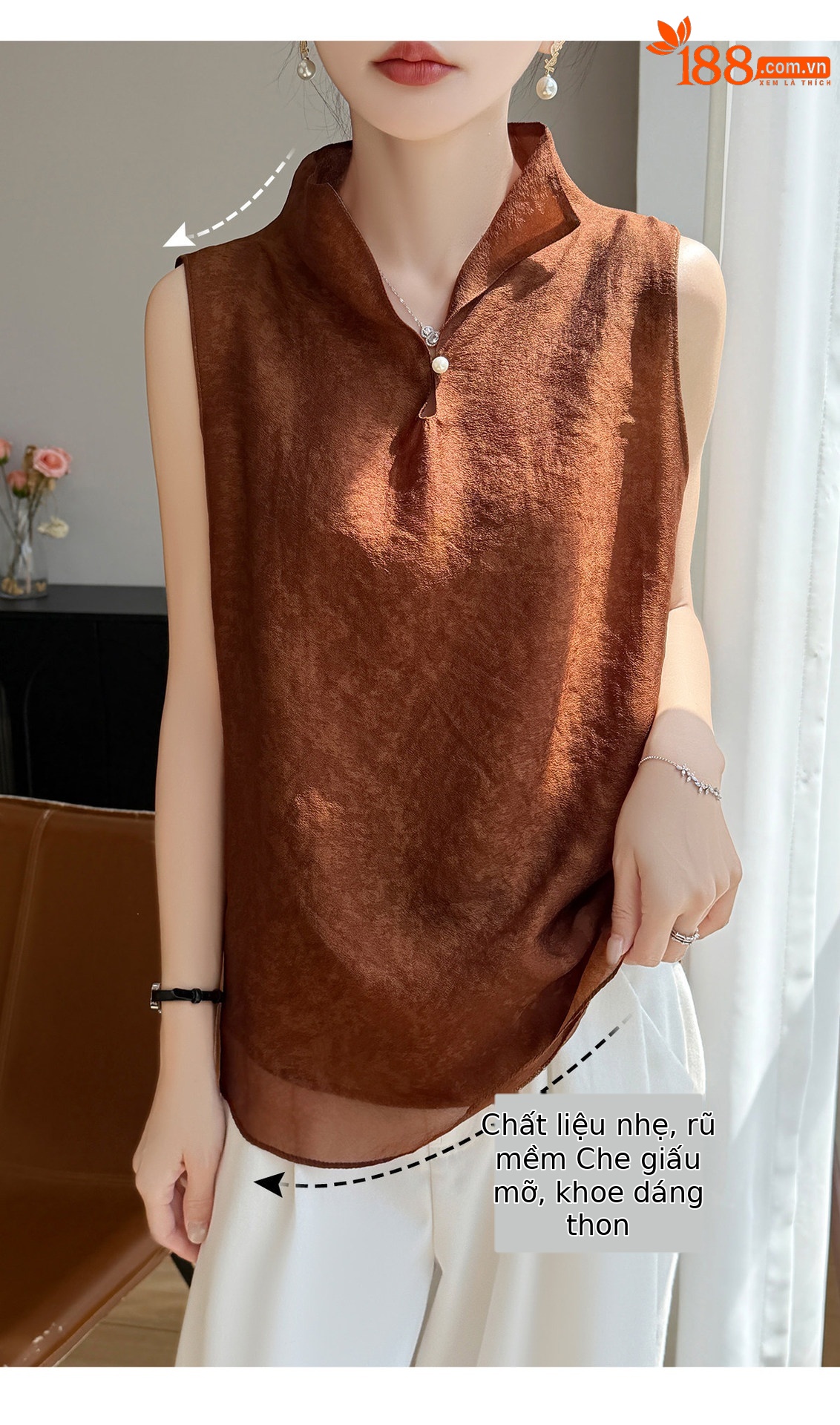 Áo sơ mi không tay cổ lật nữ chất tơ tằm phong cách quốc gia — Champagne màu chi tiết 7