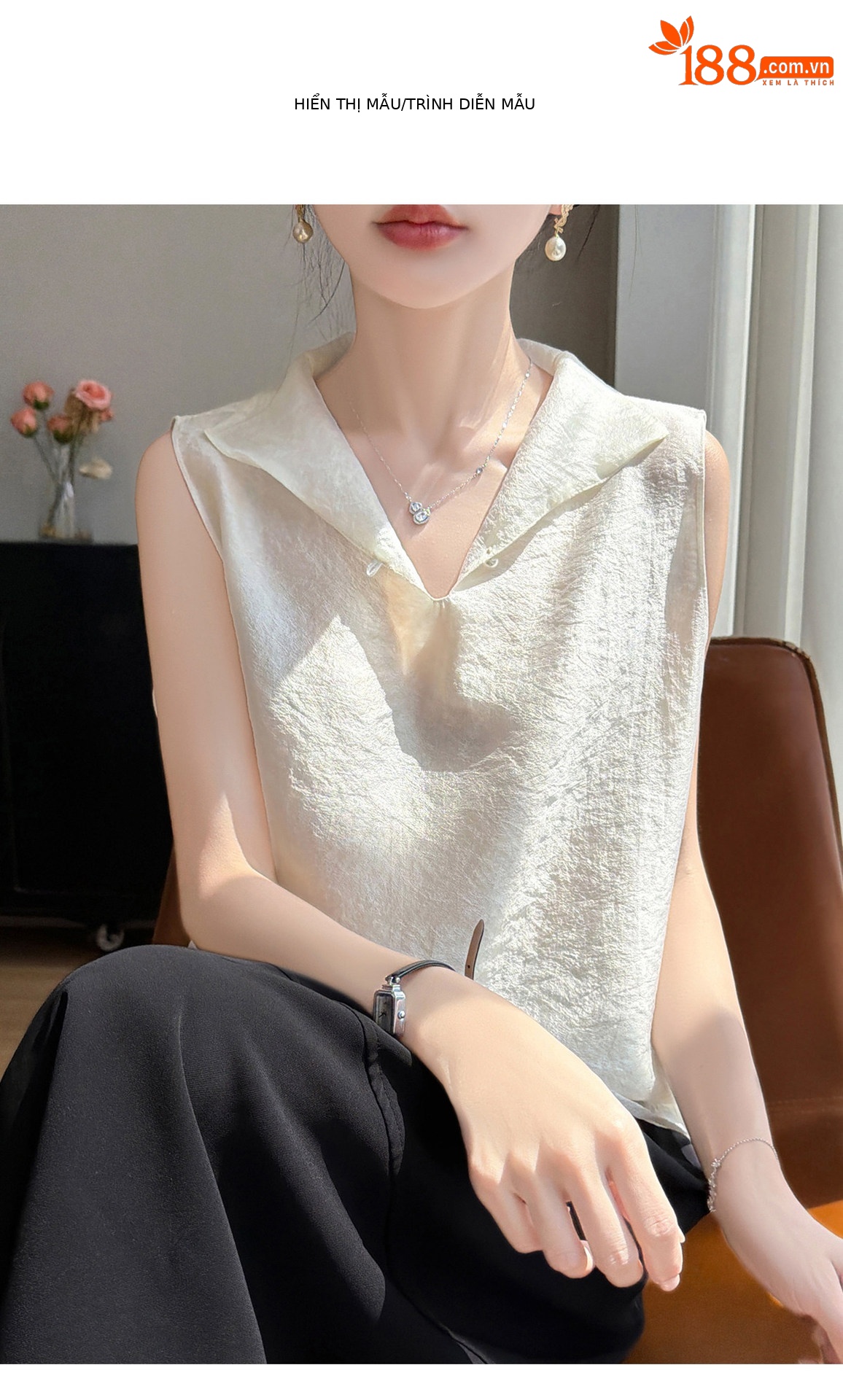 Áo sơ mi không tay cổ lật nữ chất tơ tằm phong cách quốc gia — Champagne màu chi tiết 9