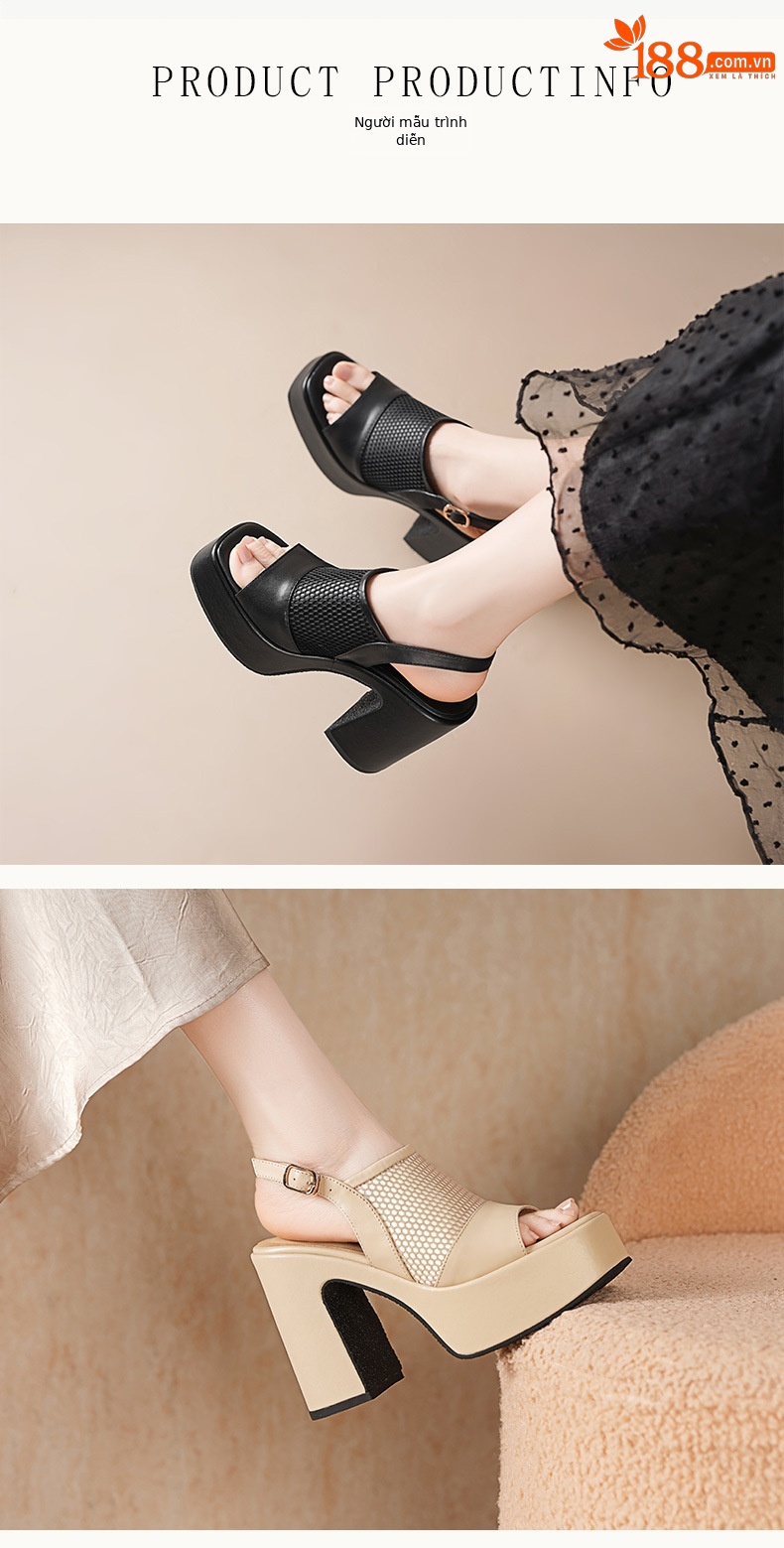 Sandal cao gót nữ hở mũi đế xuồng da thật gót thô 9 cm — màu đen, màu trắng ngà, màu mơ chi tiết 2