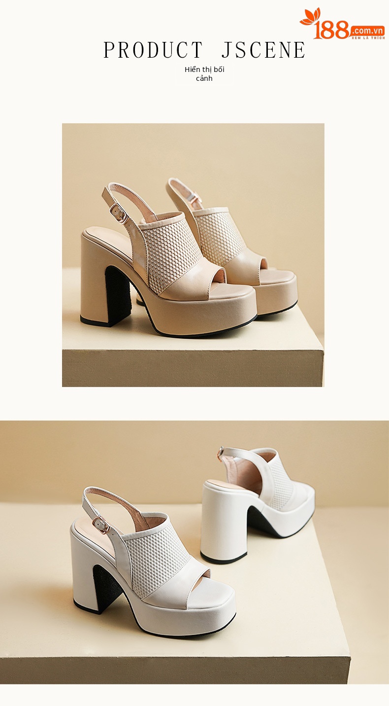 Sandal cao gót nữ hở mũi đế xuồng da thật gót thô 9 cm — màu đen, màu trắng ngà, màu mơ chi tiết 5