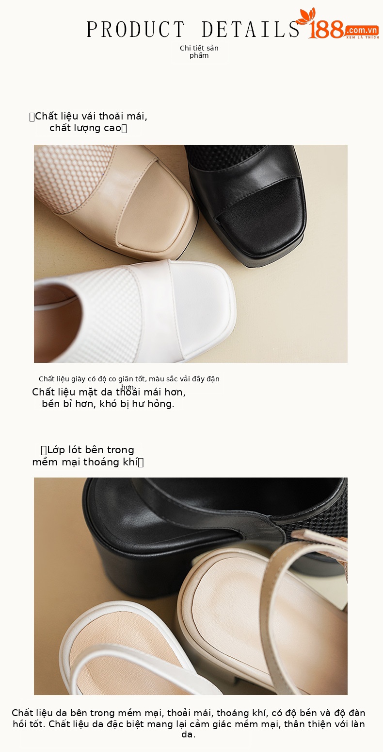 Sandal cao gót nữ hở mũi đế xuồng da thật gót thô 9 cm — màu đen, màu trắng ngà, màu mơ chi tiết 7