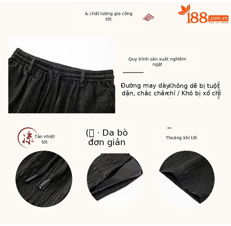 Quần lụa tơ tằm nam dáng rộng thùng thình mùa hè — Đen A-80 chi tiết 5