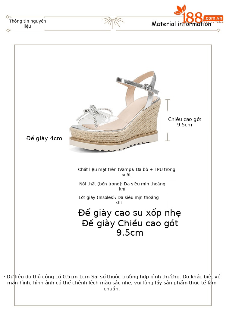 Sandal cao gót nữ hở mũi quai ngang đính đá pha lê, đế xuồng đan rơm, gót 9.5 cm — bạc chi tiết 2