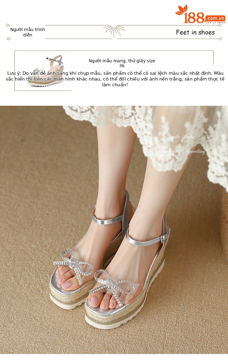 Sandal cao gót nữ hở mũi quai ngang đính đá pha lê, đế xuồng đan rơm, gót 9.5 cm — bạc chi tiết 3