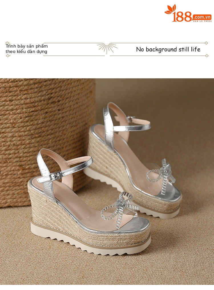 Sandal cao gót nữ hở mũi quai ngang đính đá pha lê, đế xuồng đan rơm, gót 9.5 cm — bạc chi tiết 6