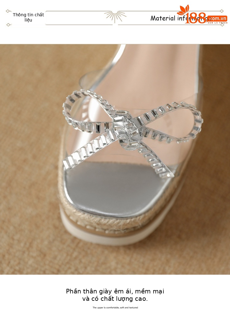 Sandal cao gót nữ hở mũi quai ngang đính đá pha lê, đế xuồng đan rơm, gót 9.5 cm — bạc chi tiết 8
