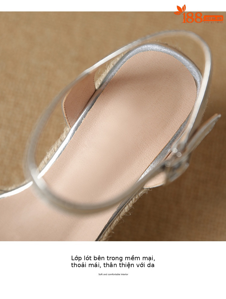 Sandal cao gót nữ hở mũi quai ngang đính đá pha lê, đế xuồng đan rơm, gót 9.5 cm — bạc chi tiết 9
