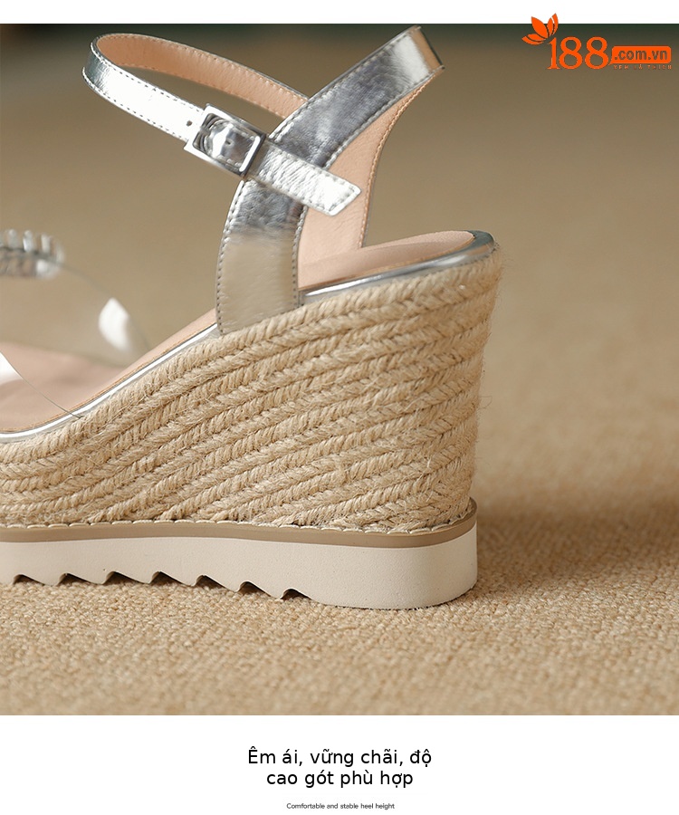 Sandal cao gót nữ hở mũi quai ngang đính đá pha lê, đế xuồng đan rơm, gót 9.5 cm — bạc chi tiết 10