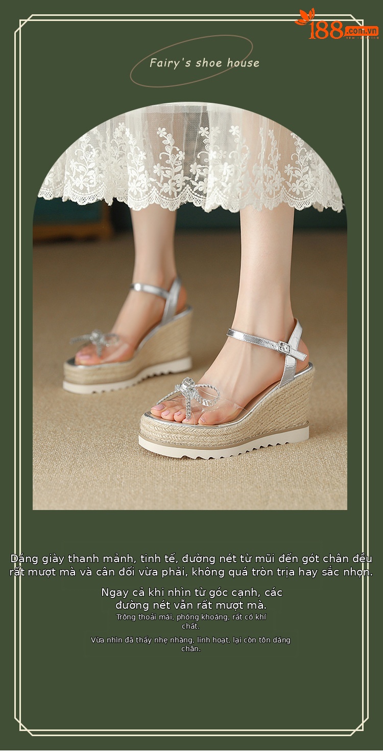 Sandal cao gót nữ hở mũi quai ngang đính đá pha lê, đế xuồng đan rơm, gót 9.5 cm — bạc chi tiết 1