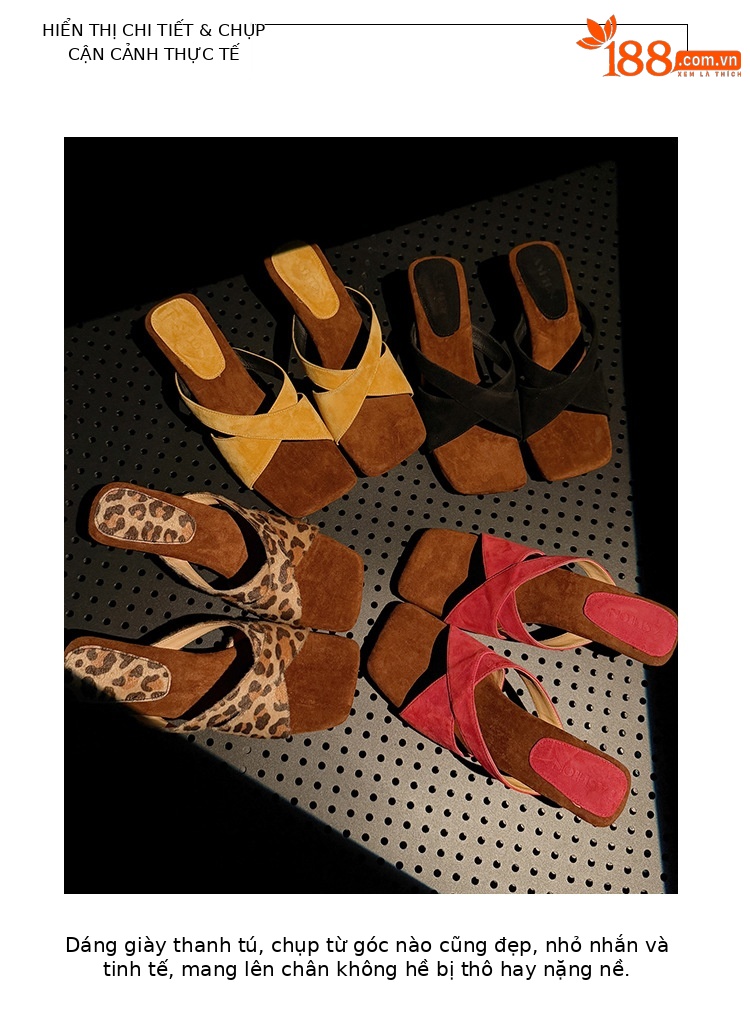Sandal cao gót nữ quai chéo kiểu Pháp mũi vuông hở ngón, gót xuồng 7 cm — màu đen, Màu da báo, màu vàng, màu đỏ chi tiết 1