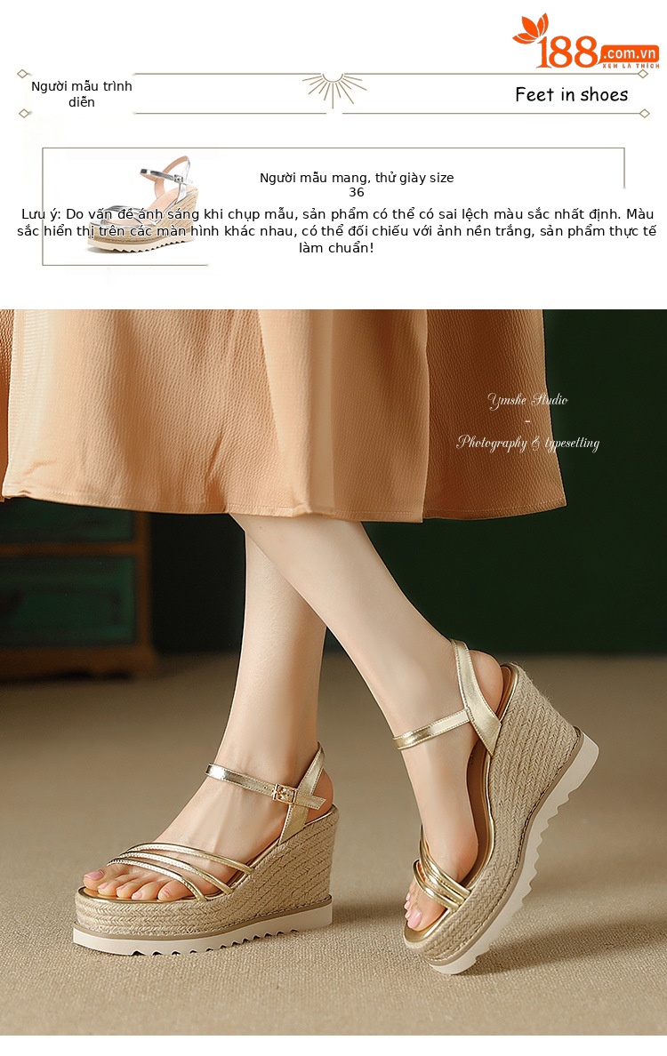 Sandal cao gót nữ phong cách Bohemian quai ngang mảnh hở mũi, đế xuồng đan rơm cao 9 cm — màu vàng, bạc chi tiết 3
