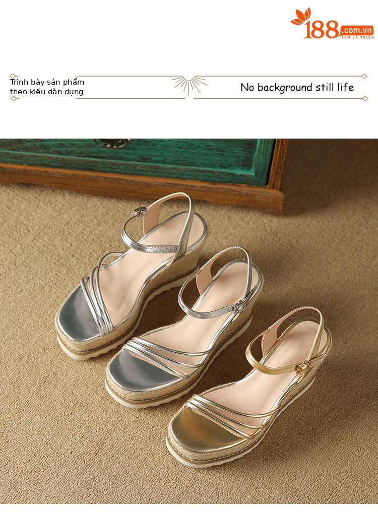 Sandal cao gót nữ phong cách Bohemian quai ngang mảnh hở mũi, đế xuồng đan rơm cao 9 cm — màu vàng, bạc chi tiết 9