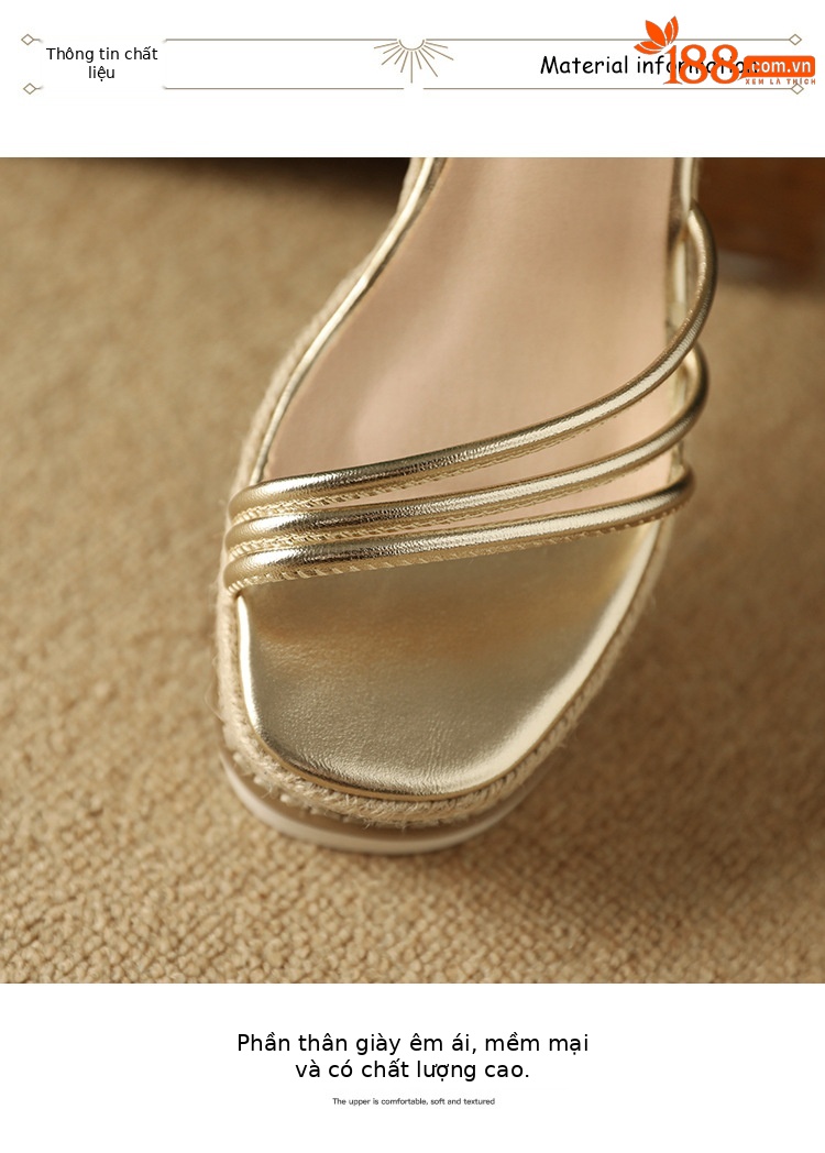 Sandal cao gót nữ phong cách Bohemian quai ngang mảnh hở mũi, đế xuồng đan rơm cao 9 cm — màu vàng, bạc chi tiết 12
