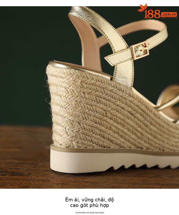 Sandal cao gót nữ phong cách Bohemian quai ngang mảnh hở mũi, đế xuồng đan rơm cao 9 cm — màu vàng, bạc chi tiết 14