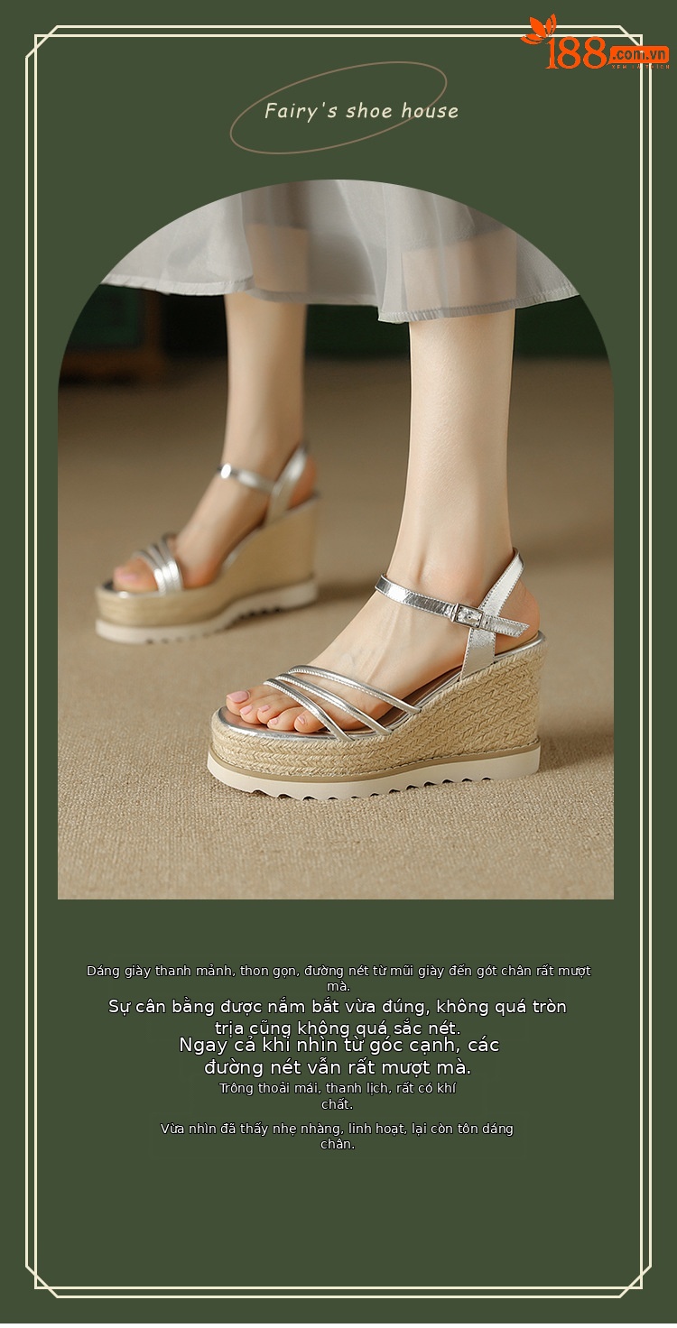 Sandal cao gót nữ phong cách Bohemian quai ngang mảnh hở mũi, đế xuồng đan rơm cao 9 cm — màu vàng, bạc chi tiết 1