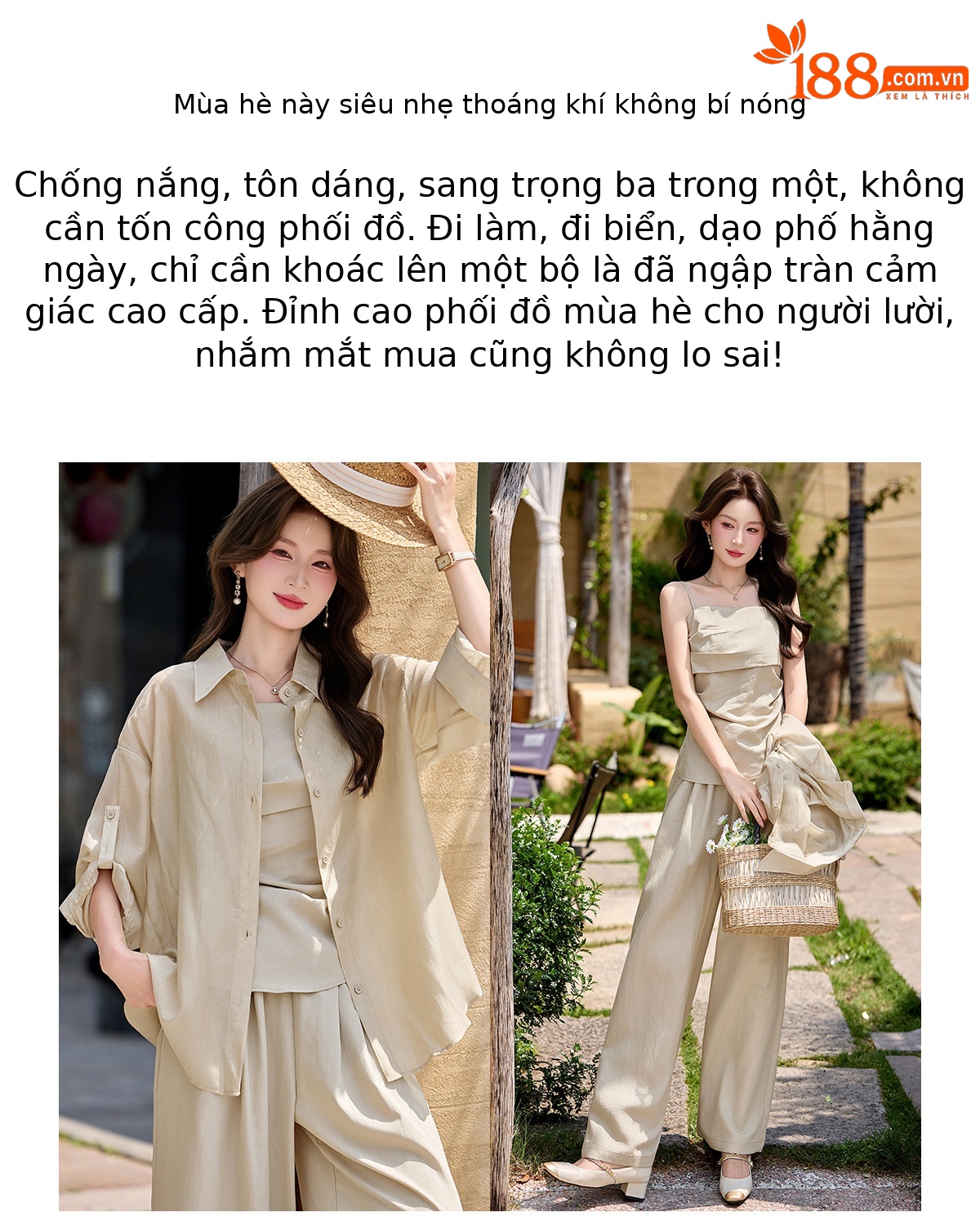 Bộ ba mặc nhà nữ phối áo sơ mi chống nắng, áo hai dây và quần ống suông — màu trắng, màu xám, màu kaki chi tiết 2