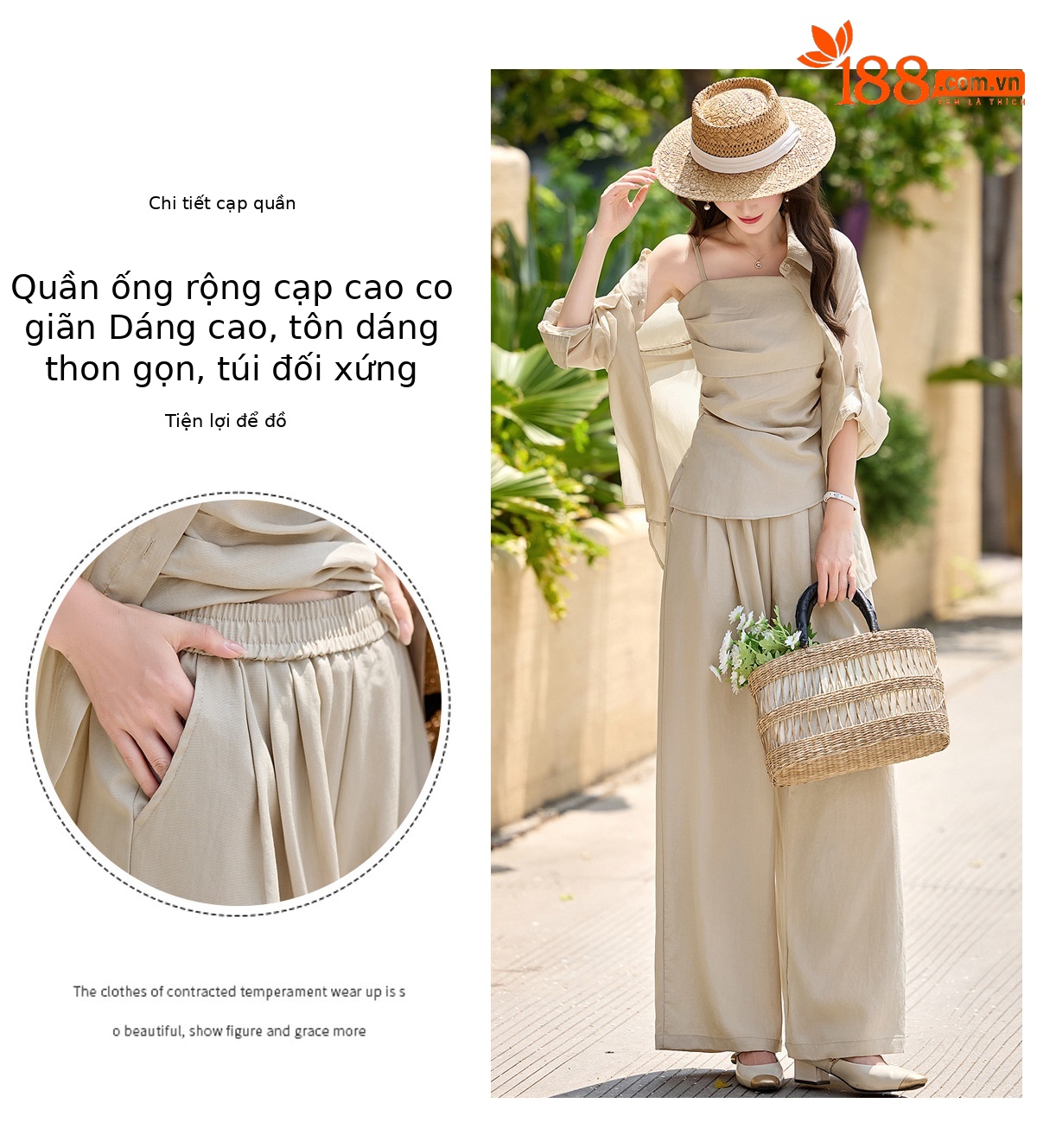 Bộ ba mặc nhà nữ phối áo sơ mi chống nắng, áo hai dây và quần ống suông — màu trắng, màu xám, màu kaki chi tiết 10