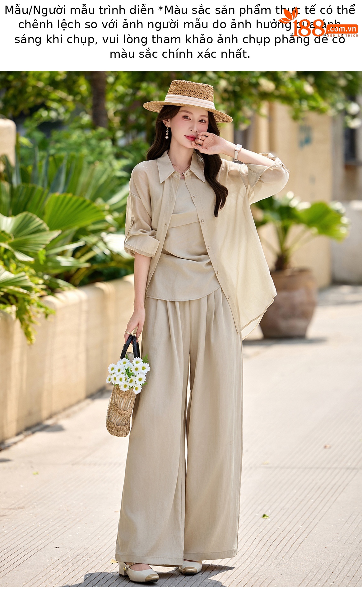 Bộ ba mặc nhà nữ phối áo sơ mi chống nắng, áo hai dây và quần ống suông — màu trắng, màu xám, màu kaki chi tiết 13
