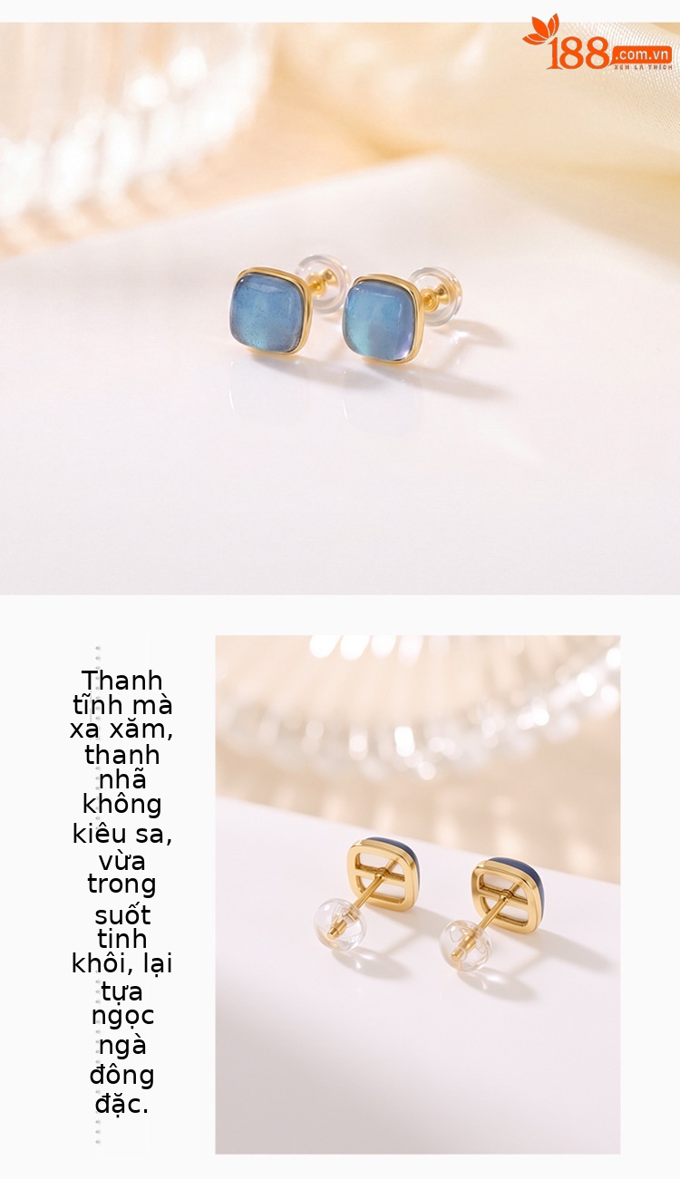 Khuyên tai nữ bạc S925 đính đá aquamarine hình vuông phong cách tối giản — Bạc chi tiết 2