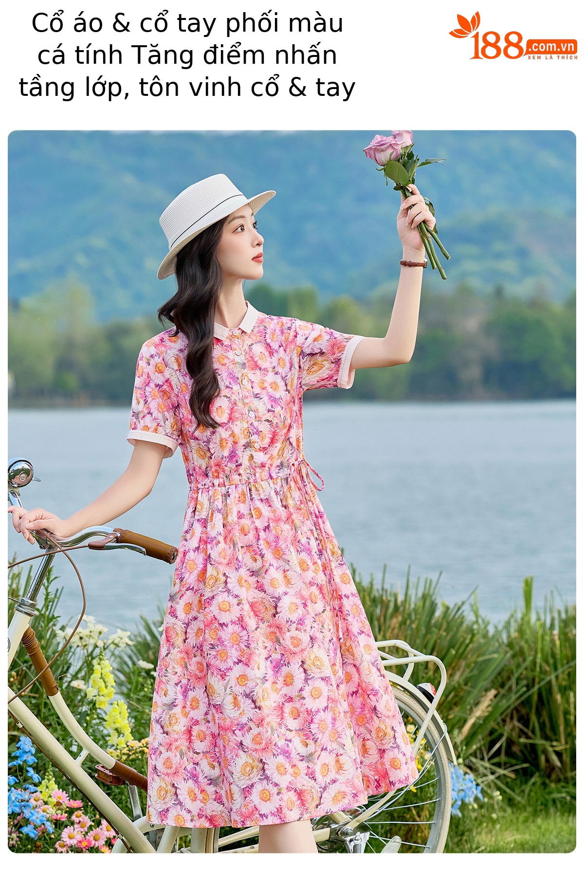 Đầm maxi nữ thắt eo họa tiết hoa nhí dáng suông rộng tay ngắn — màu đỏ chi tiết 6
