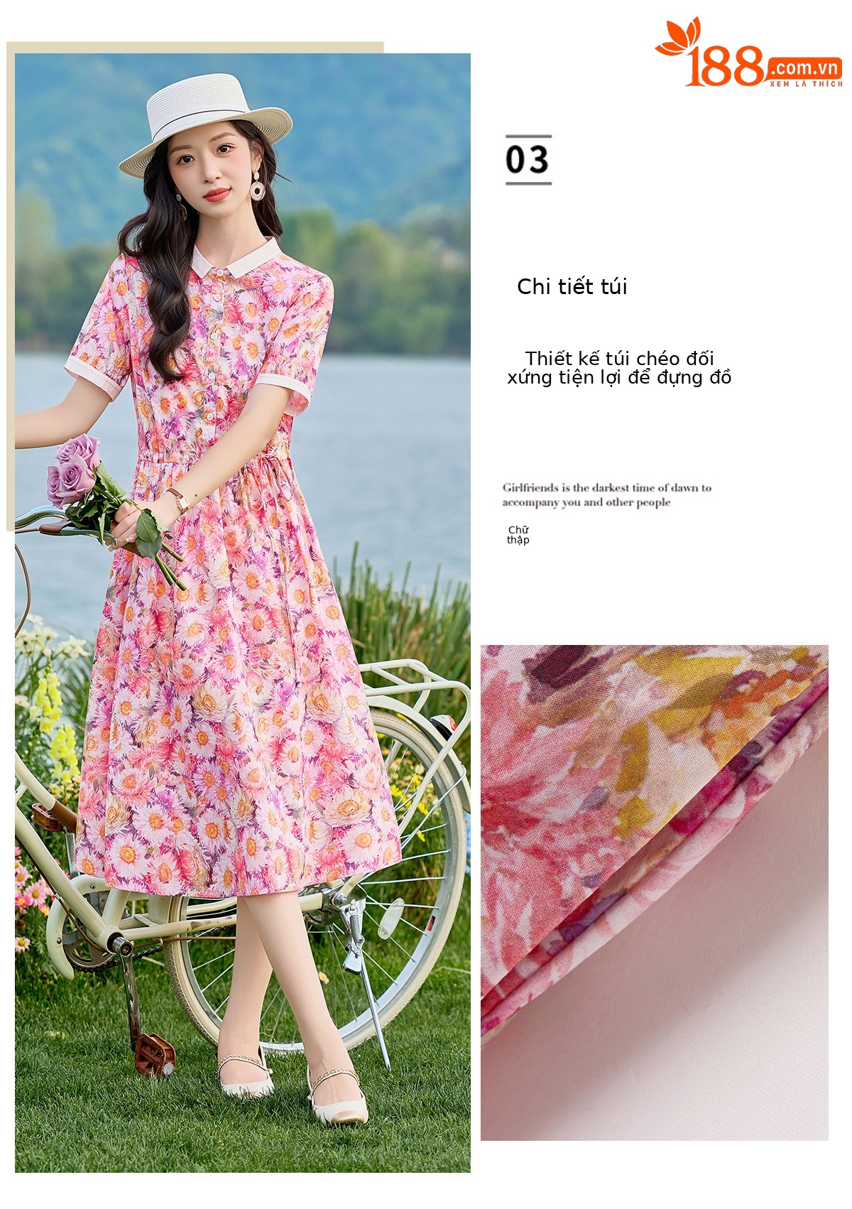 Đầm maxi nữ thắt eo họa tiết hoa nhí dáng suông rộng tay ngắn — màu đỏ chi tiết 9