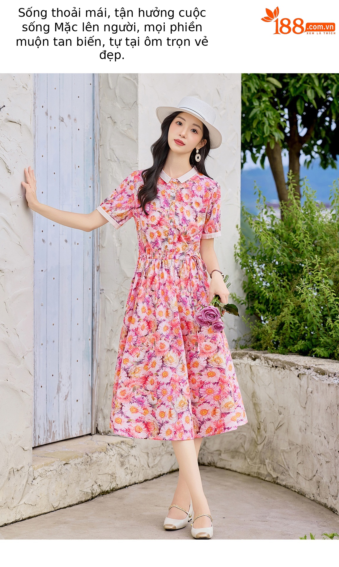 Đầm maxi nữ thắt eo họa tiết hoa nhí dáng suông rộng tay ngắn — màu đỏ chi tiết 10