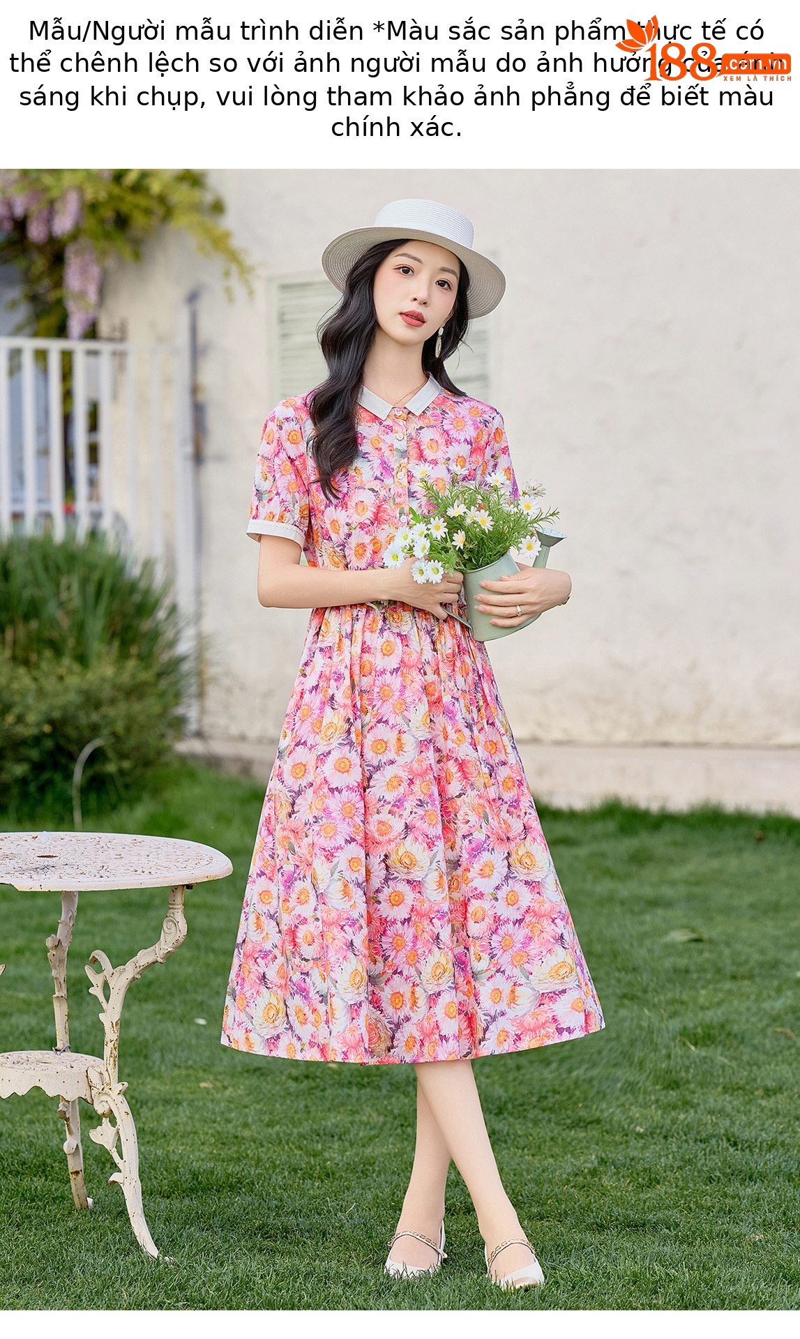 Đầm maxi nữ thắt eo họa tiết hoa nhí dáng suông rộng tay ngắn — màu đỏ chi tiết 13