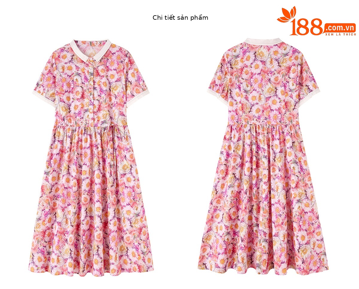 Đầm maxi nữ thắt eo họa tiết hoa nhí dáng suông rộng tay ngắn — màu đỏ chi tiết 23