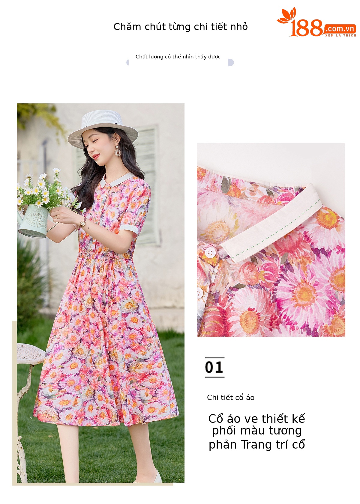 Đầm maxi nữ thắt eo họa tiết hoa nhí dáng suông rộng tay ngắn — màu đỏ chi tiết 7
