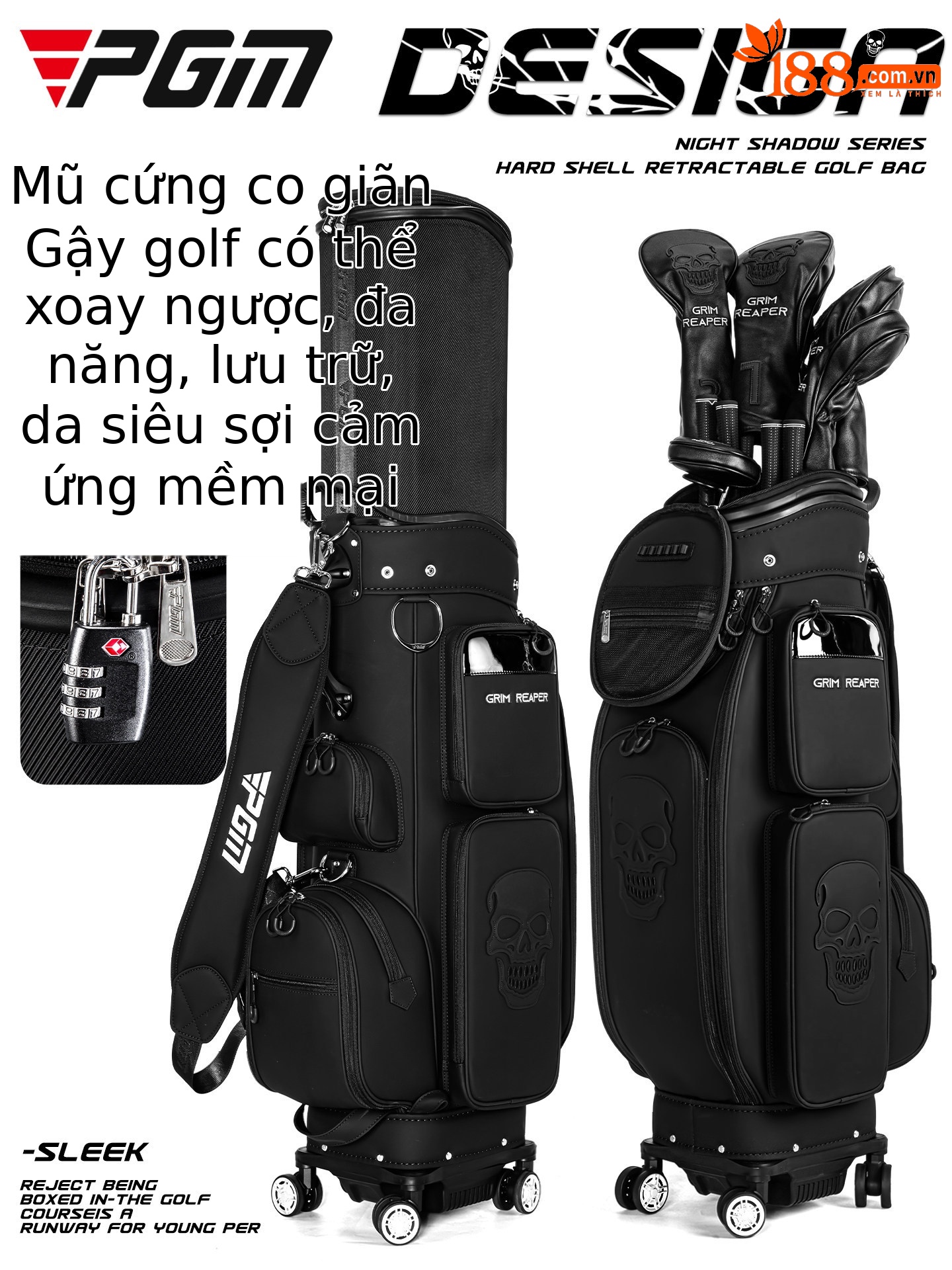 Túi golf PGM vỏ cứng co giãn, bốn bánh xoay 360 độ, ký gửi hàng không — Túi golf đen【Vỏ cứng co giãn/Đựng gậy ngược/Ký gửi hàng không/Bánh xe xoay】QB194