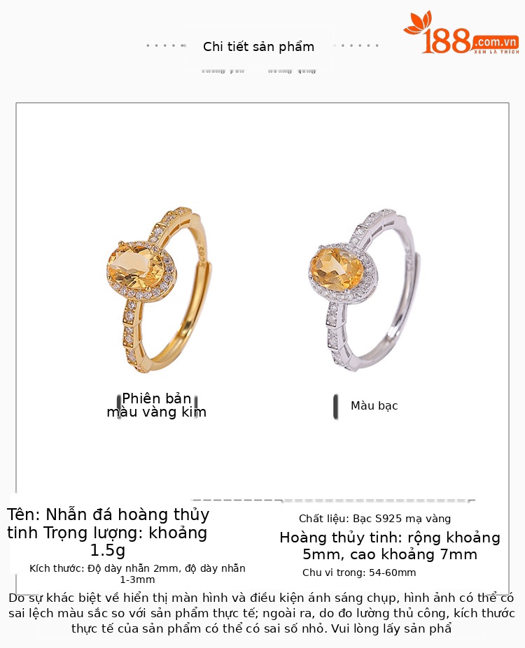 Nhẫn nữ bạc S925 mạ vàng đính đá crystal hình vuông, kiểu mở điều chỉnh size — Loại bạc chi tiết 2