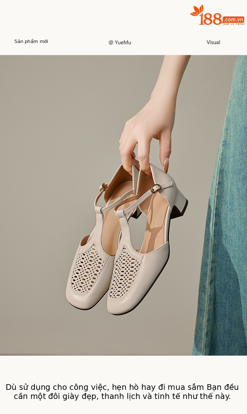 Sandal nữ da cừu thấp gót dệt vintage bít mũi quai chữ T — màu trắng ngà chi tiết 3