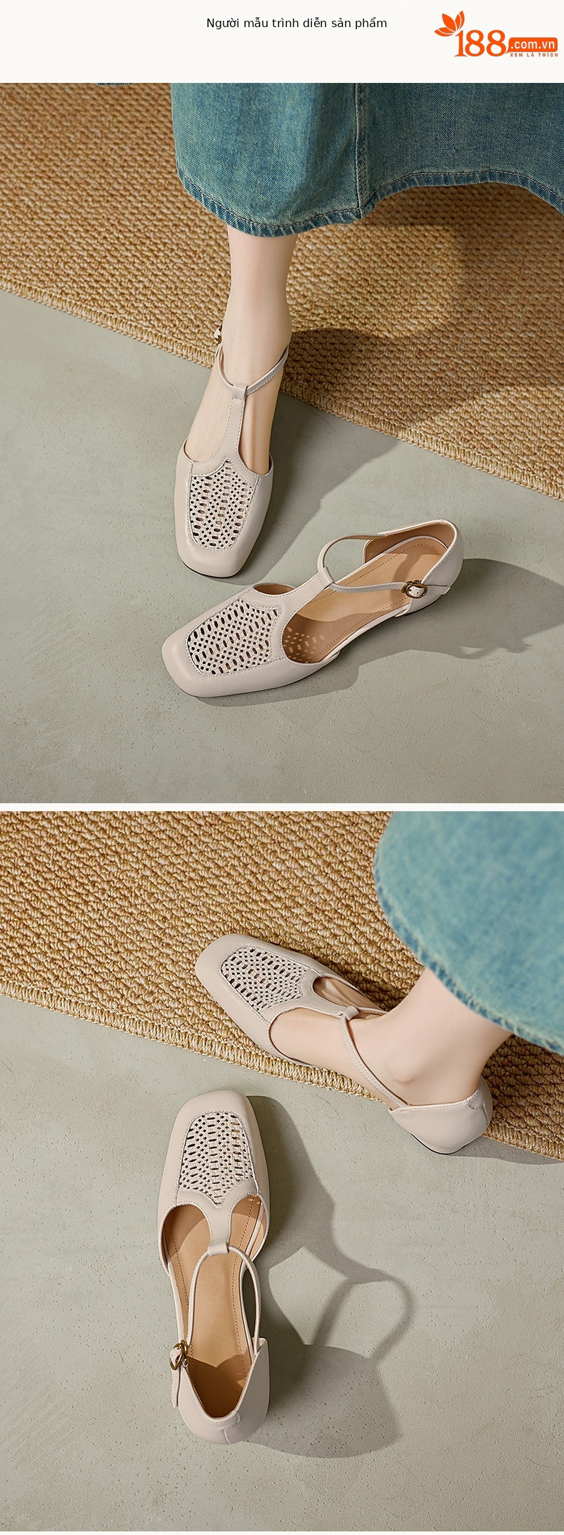 Sandal nữ da cừu thấp gót dệt vintage bít mũi quai chữ T — màu trắng ngà chi tiết 6