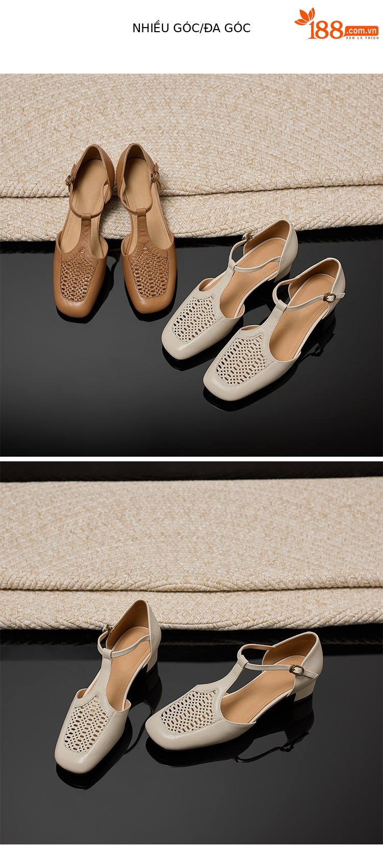 Sandal nữ da cừu thấp gót dệt vintage bít mũi quai chữ T — màu trắng ngà chi tiết 12