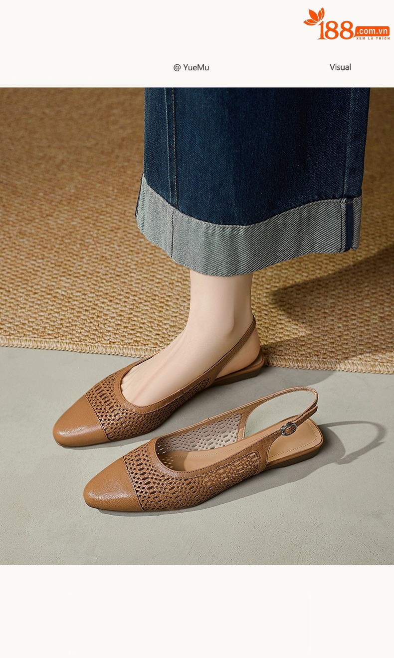 Sandal nữ phong cách vintage mũi kín hở gót đế bệt — Màu caramel chi tiết 6